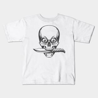 Human Skull with Eyes holds Knife in a Teeth Kids T-Shirt